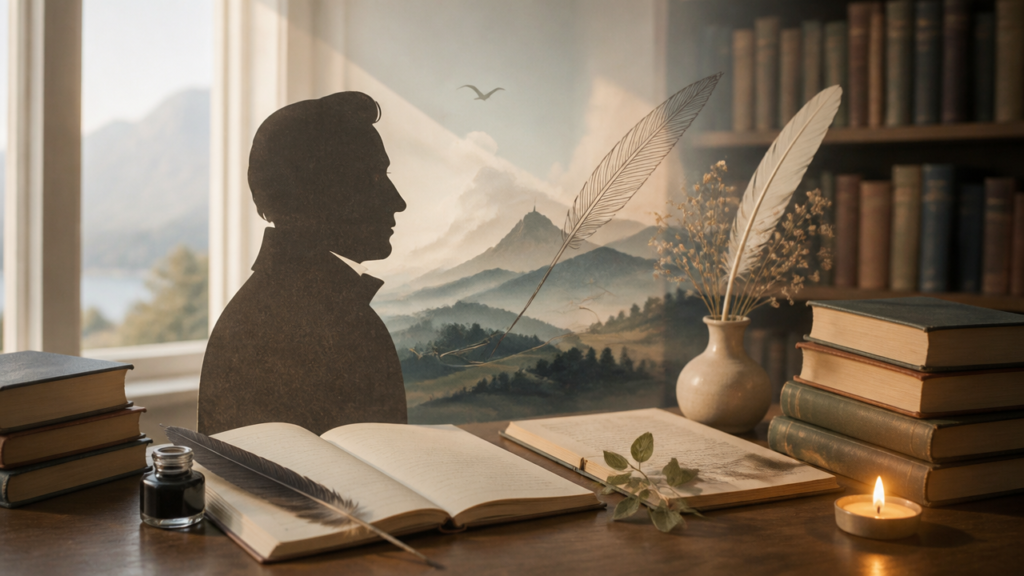 На столе раскрытая книга, чернильница, перья, свеча и стопки книг; на фоне силуэт в профиль и горный пейзаж.